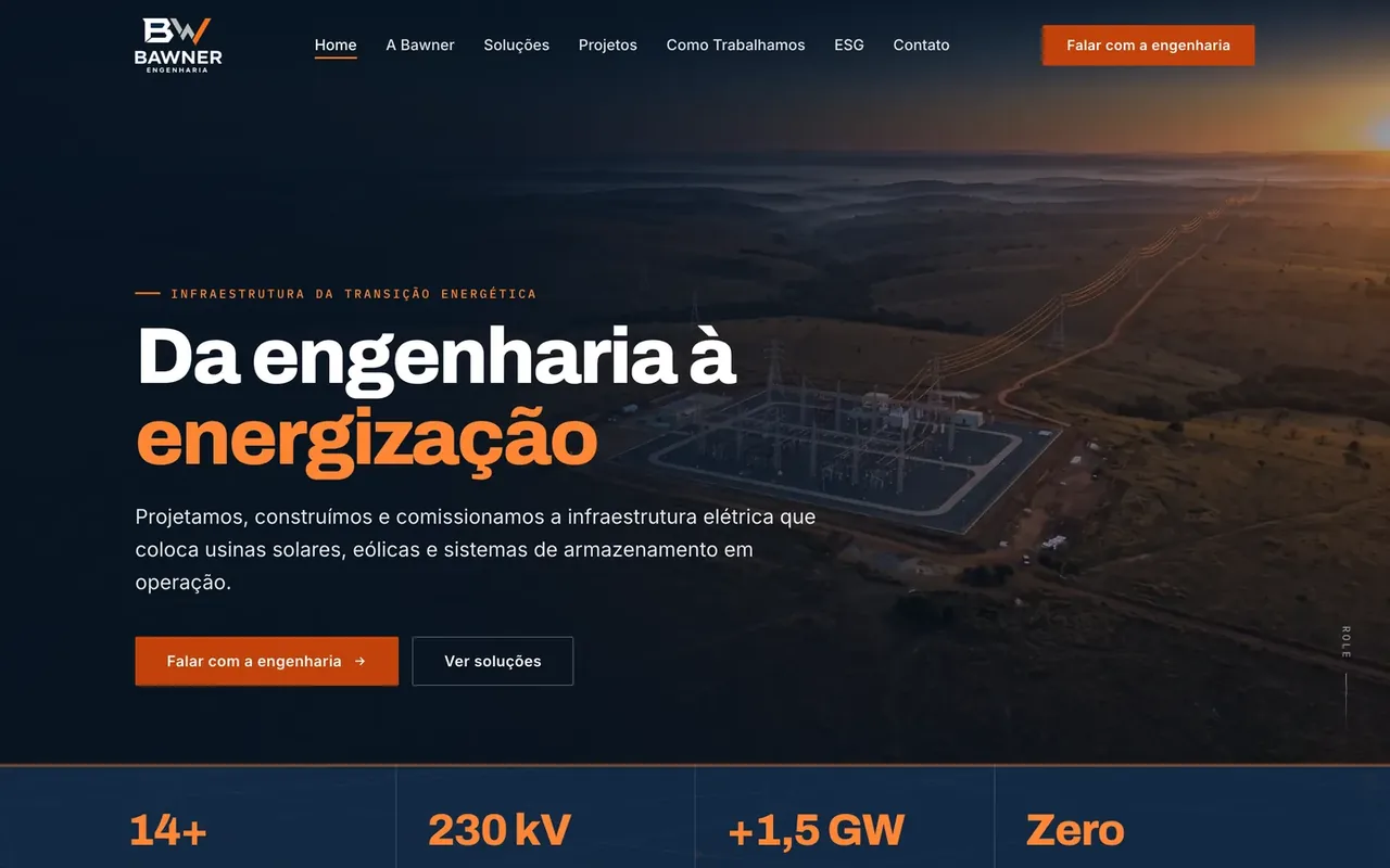 Página inicial do site Bawner Engenharia, criado pela Virtus