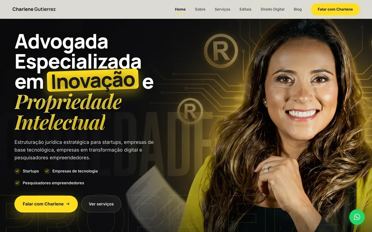 Página inicial do site Charlene Gutierrez, criado pela Virtus