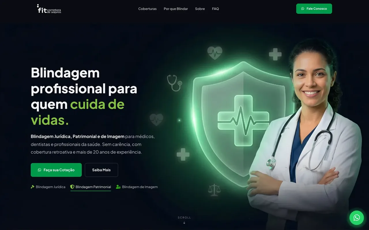 Página inicial do site Fit Corretora, criado pela Virtus