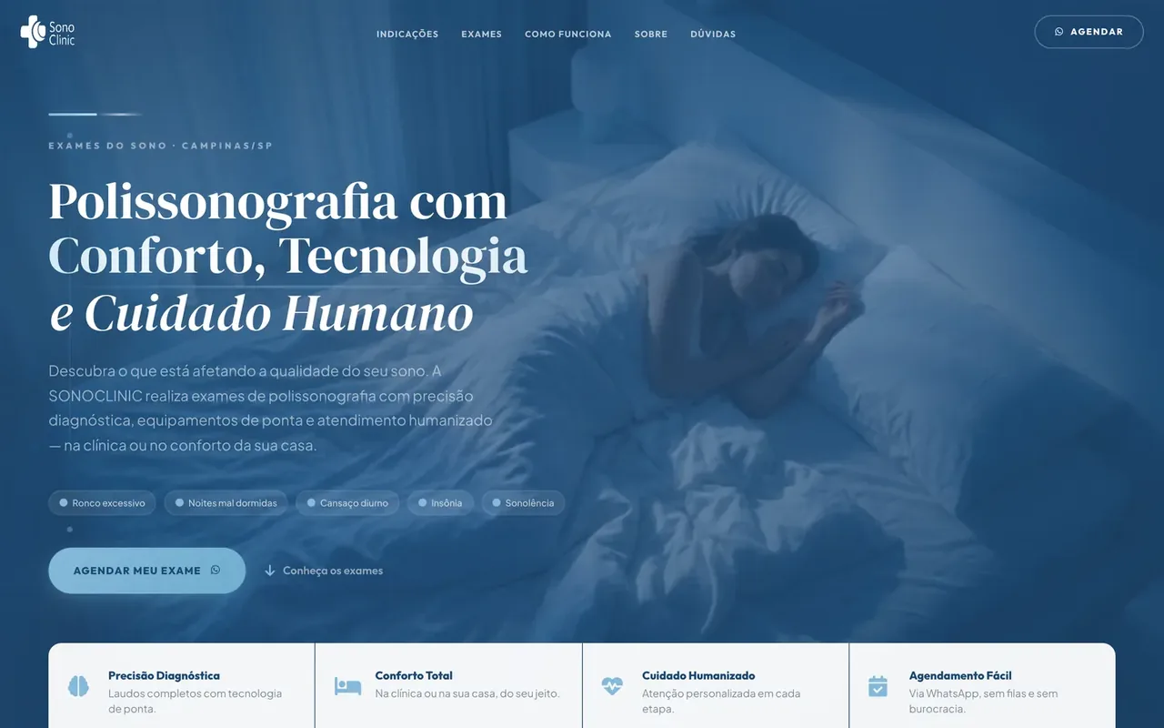 Página inicial do site Sono Clinic, criado pela Virtus