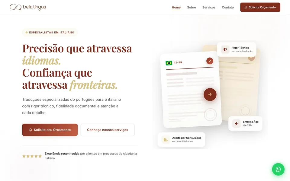 Site Bella Lingua Traduzione, projeto da Virtus