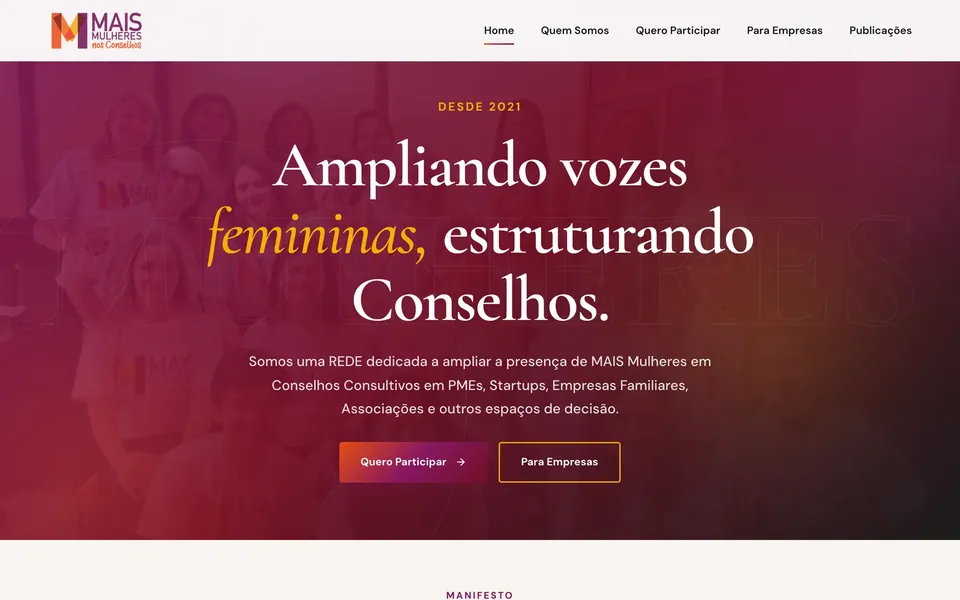 Site MAIS Mulheres nos Conselhos, projeto da Virtus